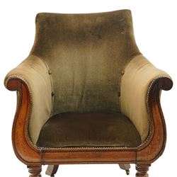 William IV mahogany framed lyre shaped library armchair, high back over scrolled arms and sprung seat, upholstered in chocolate brown velour fabric, the lyre-shaped frame raised on turned front and splayed rear supports with ceramic castors