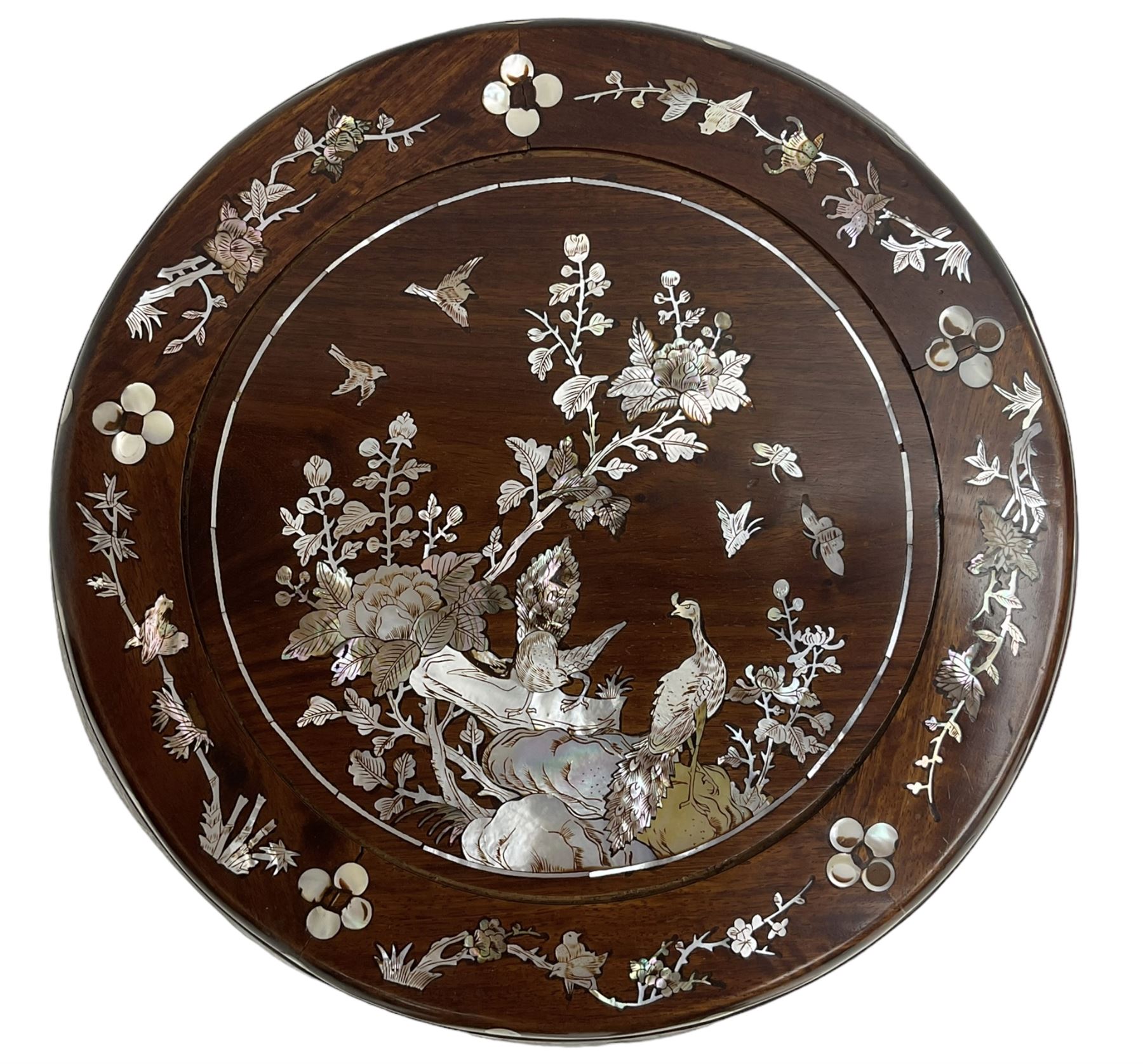 Chinese hardwood stand, inlaid with mother of pearl depicting birds, trees and flowers