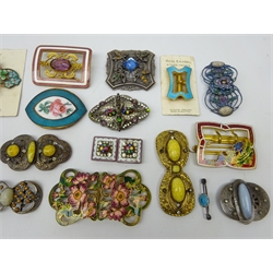  Early 20th century continental enamel and gilt metal belt buckles, some guilloche examples, sterling silver openwork pendant with enamel bird, silver bar brooch with enamelled mount by J Aitkin & Son and other belt buckles   