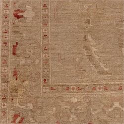 Afghan Ziegler hand-knotted carpet, soft ivory field woven with an elegant arrangement of scrolling vines and stylized palmettes with a central medallion, palette in muted tones of beige, terracotta, and blush pink, within a broad complementary border of angular floral devices and reciprocal guard stripes, fringe ends