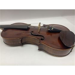 German trade violin in the Steiner style c1900 with 35.5cm two-piece maple back and ribs and spruce top L59cm overall; in fitted carrying case with two bows; and a Saxony violin with 35.5cm one-piece maple back and ribs and spruce top L58.5cm overall (2)