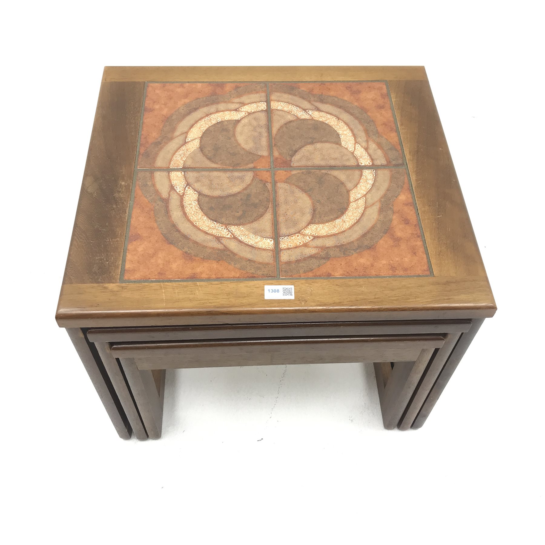 G Plan teak nest tables, inset tile tops, W56cm, H45cm, D51cm The