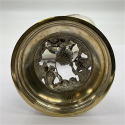 Modern limited edition silver mounted nautilus shell cup, no. 42/150, the pearlescent shell cup with silver-gilt strapwork to rim, upon a stem modelled as a putto supporting a gilt cornucopia and circular domed foot depicting Poseidon amongst swirling waves, hallmarked by St James House Company, London 1980,  H17.5cm