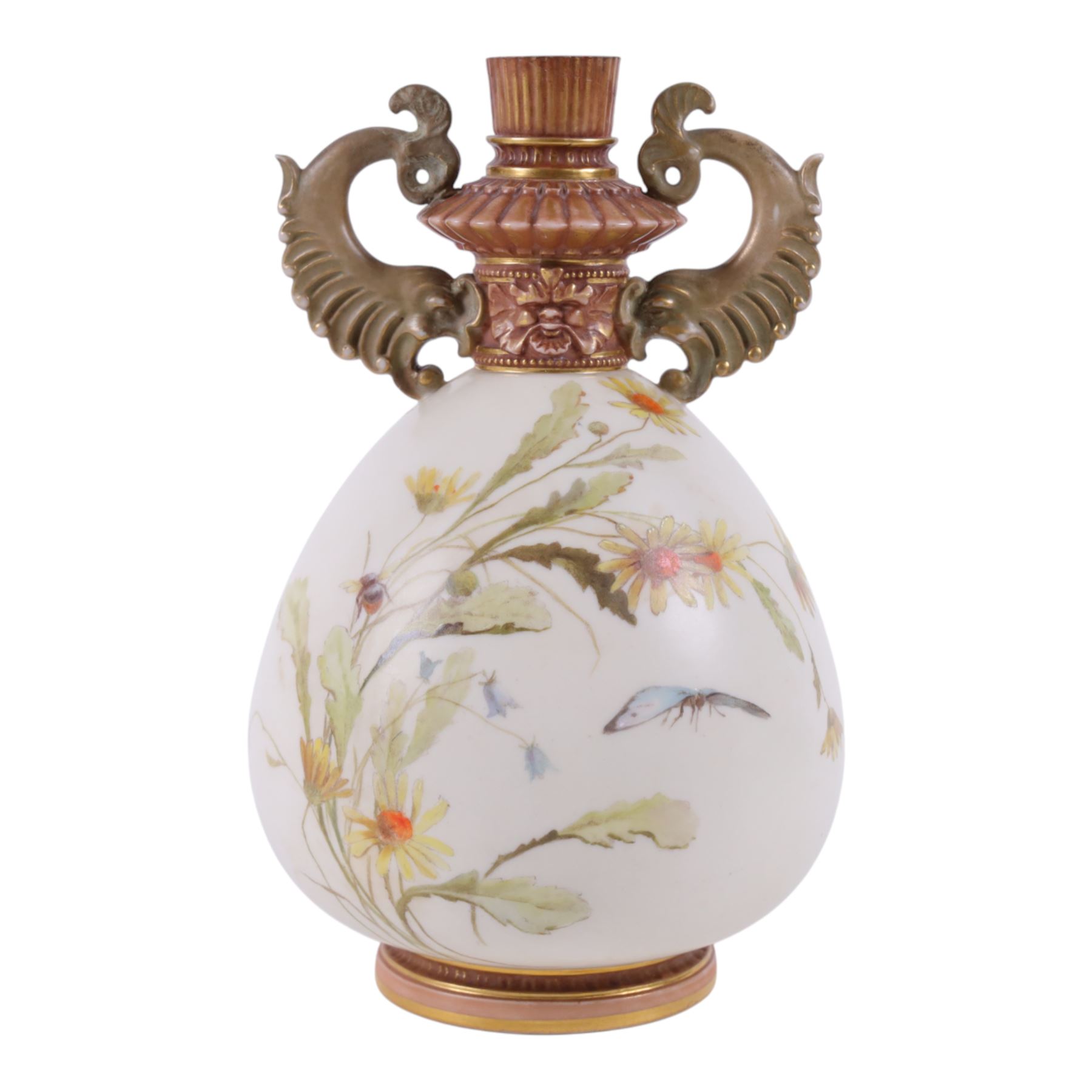 Royal Worcester blush Ivory vase, decorated with butterfly and insects amongst wild flowers, dolphin handles, puce mark beneath and numbered RN14303 and 1327, H23cm 