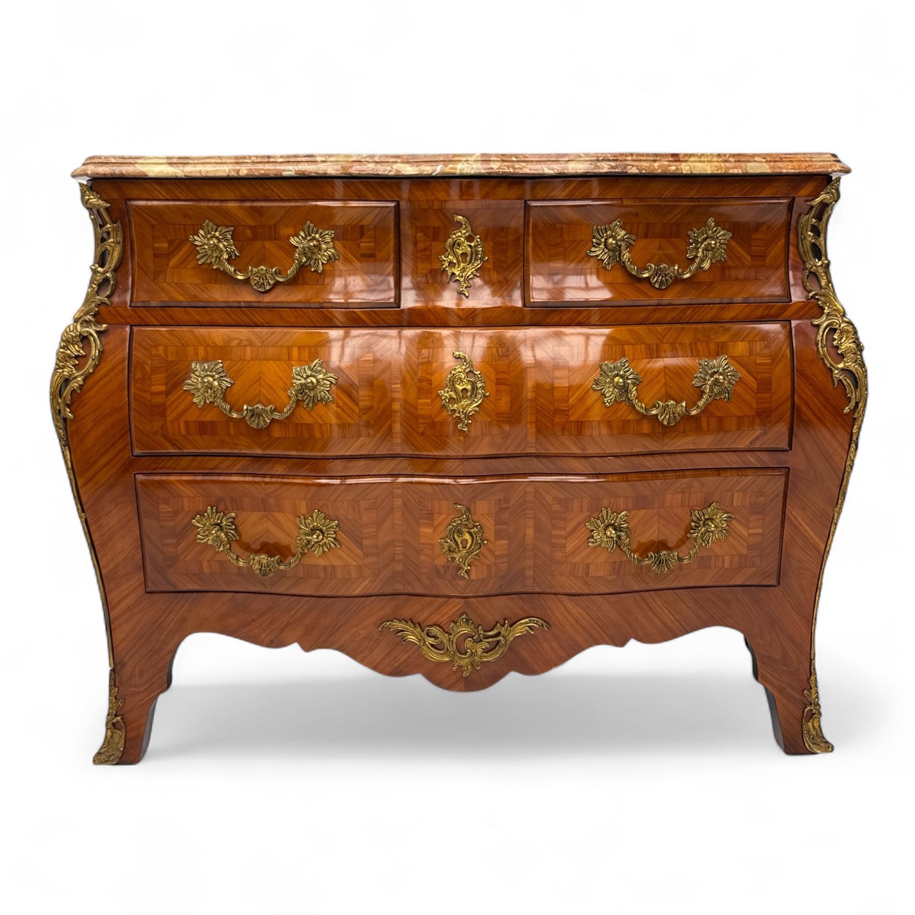 20th century Louis XV design serpentine commode, the rectangular breccia marble top with a rounded moulded edge and projecting corners, above a bombe bombe-shaped kingwood and parquetry design front of two short and two graduated drawers with rococo style handles, corners with gilt-bronze foliate mounts on short cabriole form feet with gilt bronze sabots  