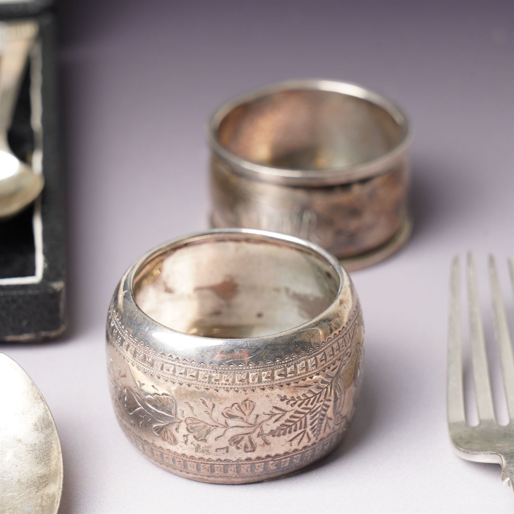 Cased set of six silver tea spoons Sheffield 1958, vour various silver napkin rings, Victorian christening spoon and fork, silver dessert fork and three tea spoons