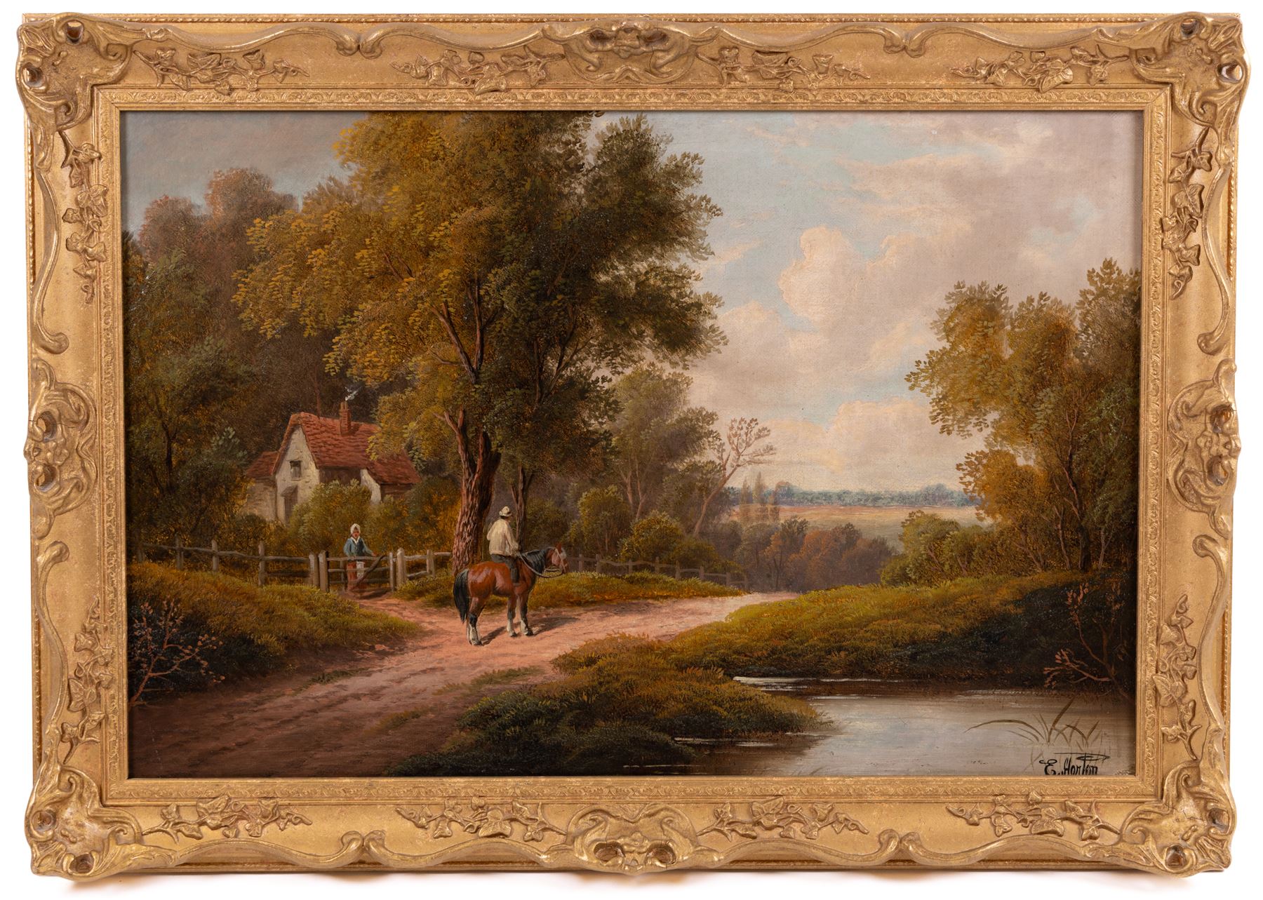 Etty Horton (British exh. 1892-1905): Rural Scenes with Figures and Cattle Watering, pair oils on canvas signed 39cm x 59cm (2)