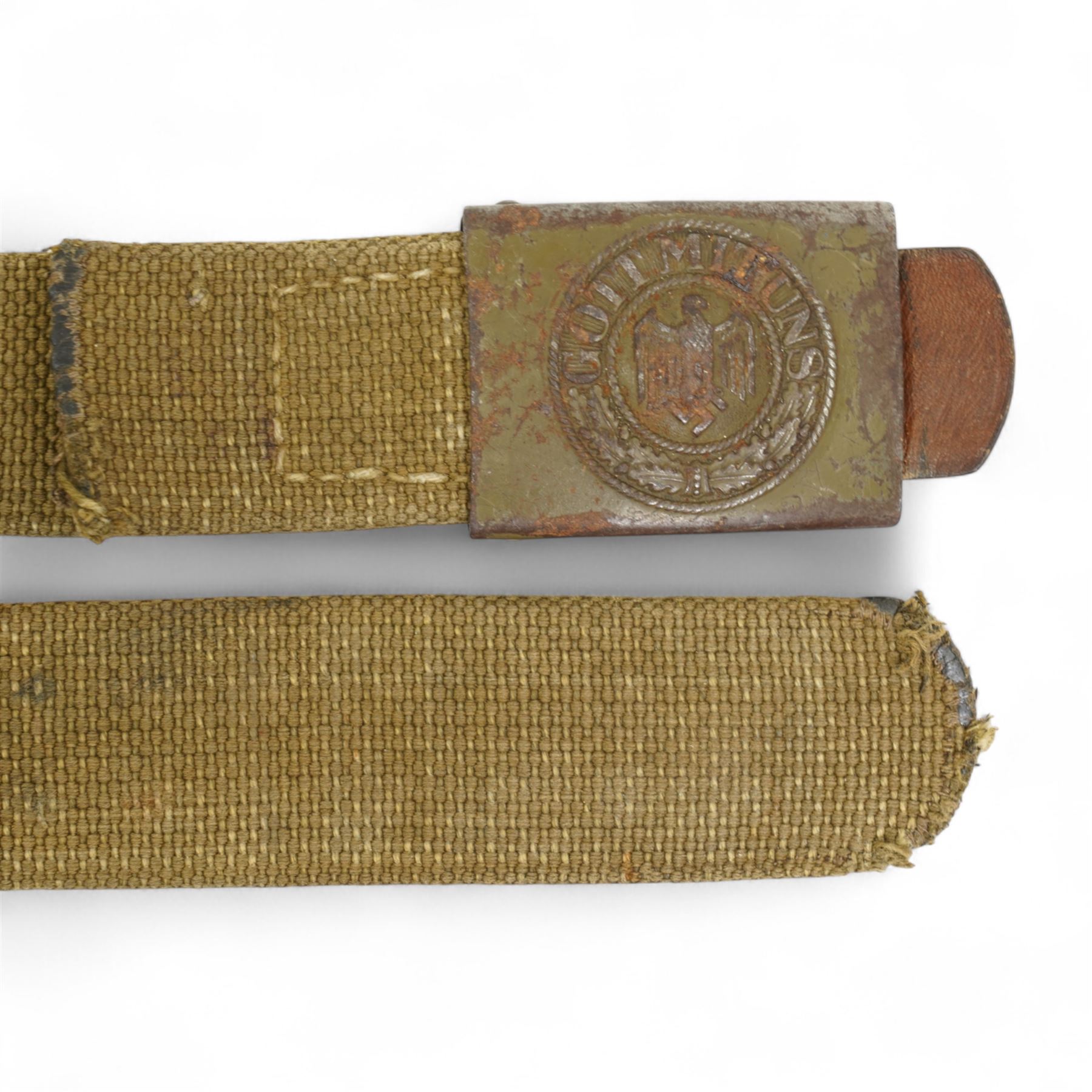 German WWI leather belt, the buckle marked 'Gott Mit Uns' surrounding a crown, a Third Reich webbing belt and buckle encircling eagle and swastika, NSDAP arm band and another