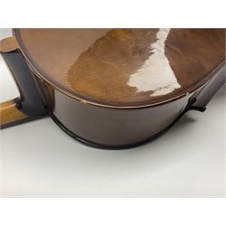 Stentor Student I quarter-size cello with 59.5cm two-piece maple back and ribs and spruce top; bears maker's label with serial no.M076096 L95.5cm overall; in Stentor soft carrying case with bow