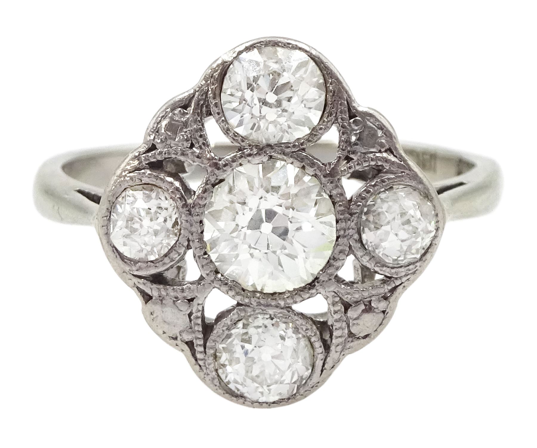 Art Deco 18ct gold and platinum five stone milgrain set old cut diamond openwork ring, stamped 18ct Pt, principal diamond approx 0.40 carat, total diamond weight approx 1.00 carat