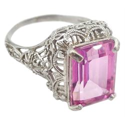 9ct white gold filigree set, emerald cut pink topaz dress ring, hallmarked