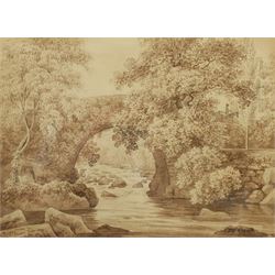 J Brown (British 19th century): 'Ivy Bridge Near Plymouth', monochrome watercolour signed and dated 1823, 29cm x 39cm