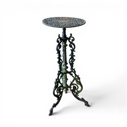 19th century ornate cast iron high garden drinks table, small circular pierced top, raised on three legged base