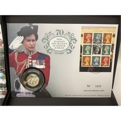 Five The Royal Mint Royal Mail silver proof coin covers, comprising 2021 'HG Wells' with two pounds, 2021 'HM The Queen's 95th Birthday' with five pounds, 2022 'Her Majesty The Queen's Platinum Jubilee 70 Years' with five pounds, 2022 'Her Majesty The Queen's Platinum Jubilee 70 Years' with fifty pence and 2022 '150 Years of The FA Cup' with two pounds, all in Royal Mail card boxes