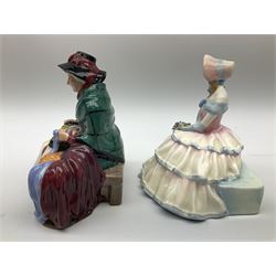 Group of figures, comprising six Royal Doulton examples, Daydreams HN1731, Silks and Ribbons HN2017, Tom Sawyer HN2926, Marie HN1370, Bo-Peep HN1811, and Tinkle Bell HN1677, together with a Dresden type 'lace' example, and a Coalport 'Swiss Cottage', (8)