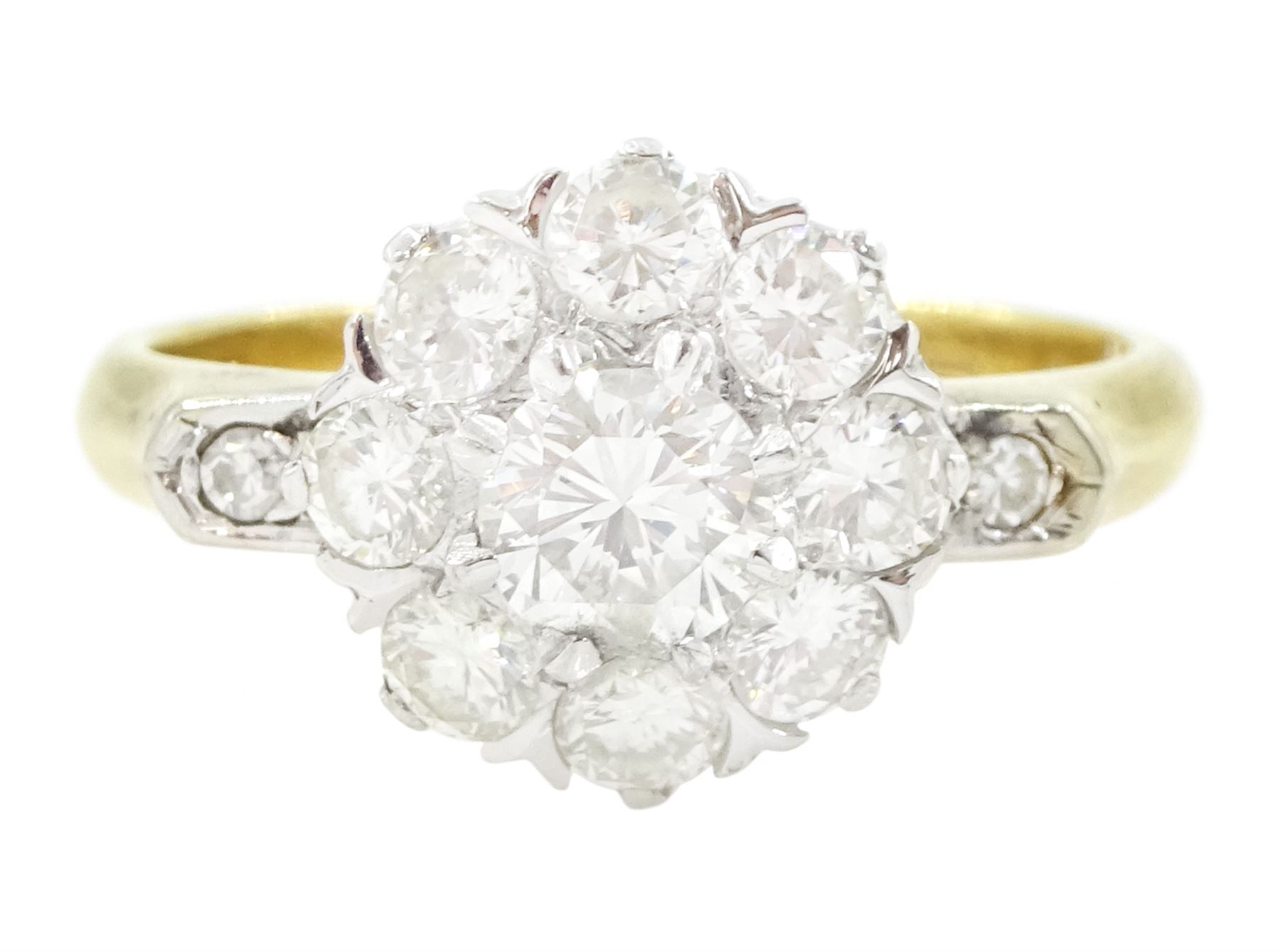 Gold round brilliant cut diamond flower head cluster ring, stamped 18ct, total diamond weight approx 0.90 carat