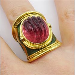 Elizabeth Gage 18ct gold tourmaline and diamond tapered Templar ring, the carved oval pink tourmaline cabochon with a round brilliant cut diamond set either side, the band featuring green guilloche enamel and the edges finished with wire-twist-wire decoration, London 1994, in original box