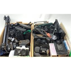 A collection of assorted cameras and accessories, to include examples by Praktica, Zenit,and Ilford examples, a Prisma tripod, cased binoculars, including examples by Prinz, various lenses, etc. 