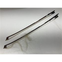 Two student half-size cellos - Boosey & Hawkes Artia with 65cm one-piece back and spruce top; bears maker's label; L104cm overall; and Romanian with 65.5cm two-piece maple back and ribs and spruce top; bears label; L108.5cm overall; each in soft carrying case with two bows (2)