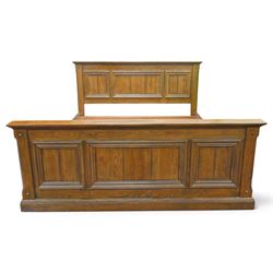 Contemporary oak superking sized bed and unused mattress, panelled headboard and footboard, with slats and superking William Night 'Rock Firm' mattress  