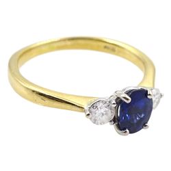 18ct gold three stone oval sapphire and round brilliant cut diamond ring, stamped 18KT, total diamond weight approx 0.30 carat, sapphire approx 0.80 carat