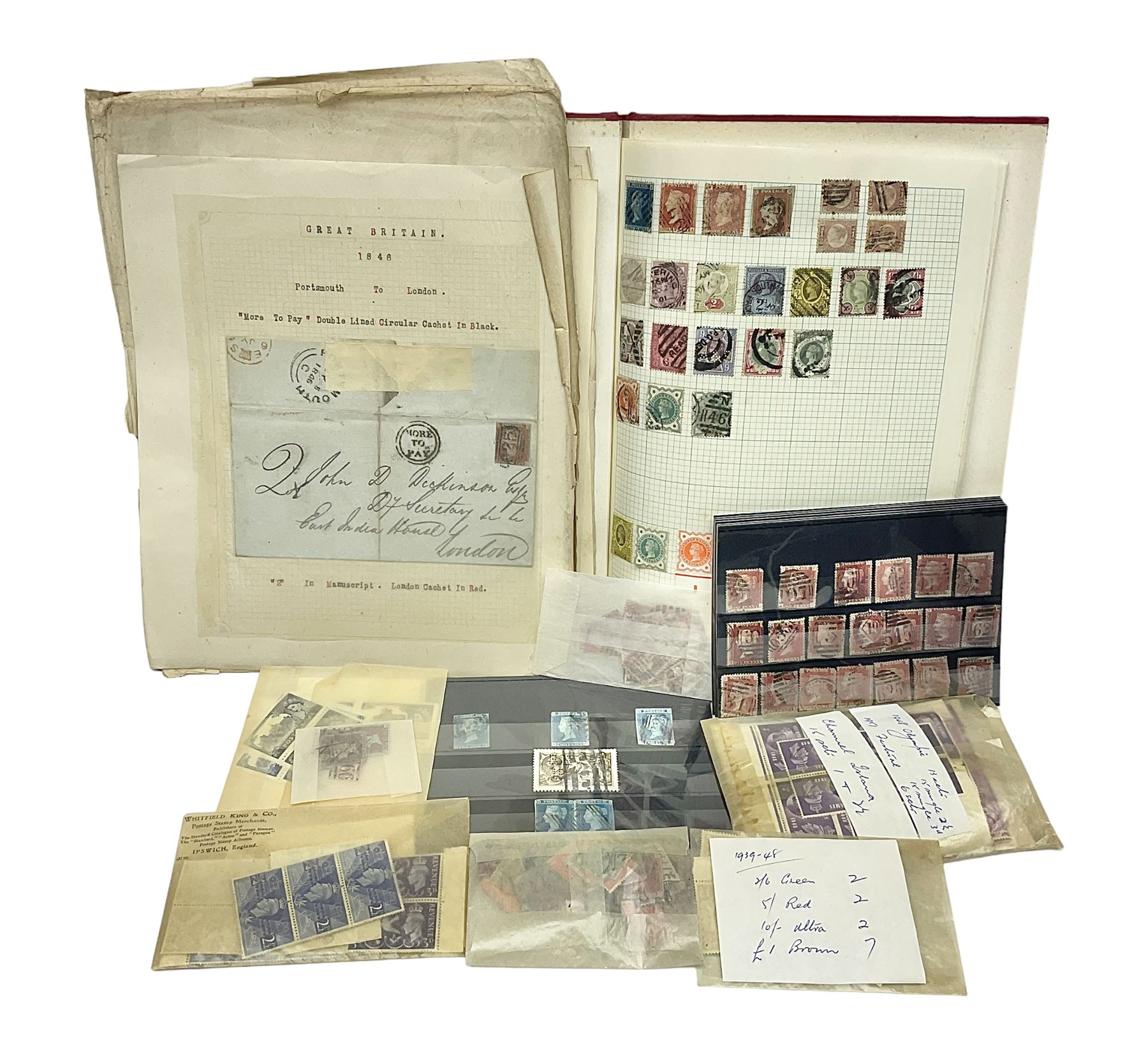 Mostly Great British Queen Victoria and later stamps, including imperf penny reds, 1841 two pence blues white lines added, imperf penny red on cover with 'More To Pay', half penny 'bantams', perf penny reds etc, in album, on pages and loose in packets