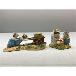 Four Classic Collectables Brambly Hedge figures, comprising Basil Pouring Drinks, Wilfred and Teasel Pushing Cart, Poppy Carry Pails and Mrs Apple, Wilfred and Basket, all boxed