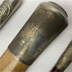 Three parade ground canes - malacca cane Coldstream Guards with plated mount engraved 'H.A. Myhan' L87cm; ebonised Church Lads Brigade 'Fight The Good Fight'; and mahogany stained Worcestershire Regiment (3)