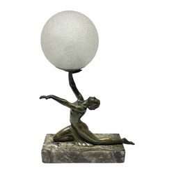 1930s Art Deco spelter table lamp, modelled as a nude woman holding aloft a spherical crizzled glass shade, upon a marble base, H48cm