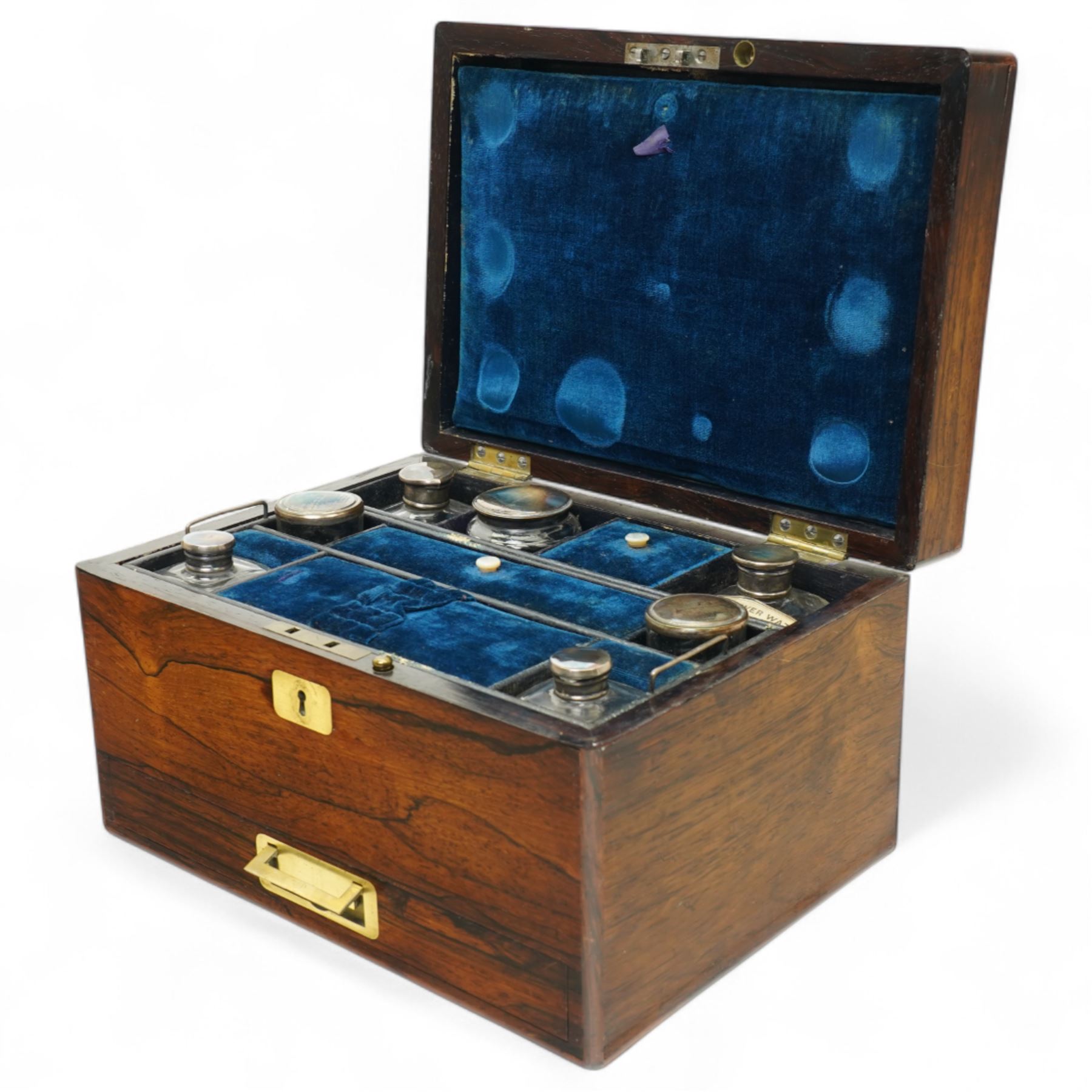 Victorian rosewood vanity box, the fitted interior containing various bottles and jars, the pin lifting to reveal lower drawer, H17cm x W28cm x D20cm