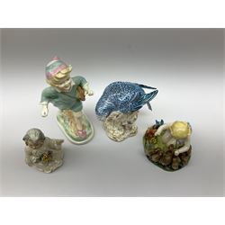 Three Royal Worcester figures, comprising blue Budgerigar modelled upon a branch, model 2664, H14.5cm, Woodland Dance, model 3076  H10cm, and Thursday's child has far to go, model 3522 H20.5cm, together with a Volkstedt figure of a man with flowers, H13cm. 