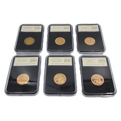 'The Bicentenary Sovereign Collection', comprising George III 1820 gold full sovereign, Queen Victoria 1872 gold full sovereign, George V 1925 and 1932 gold full sovereigns, Queen Elizabeth II 1979 and 2017 gold proof full sovereign coins, cased 