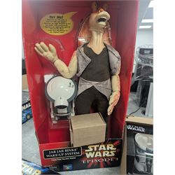 Star Wars collectables, including Episode I Jar Jar Binks Wake Up System, BB8 model, Jar Jar Binks Adventure game, Revenge of the Sith Masterworks and three Cards Inc figural mugs