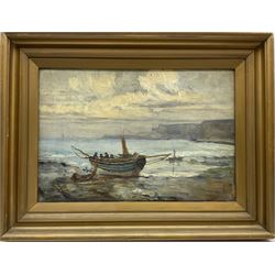 James Watson (Staithes Group 1851-1936): Cobles on the Shoreline Runswick Bay, oil on canvas signed 30cm x 44cm