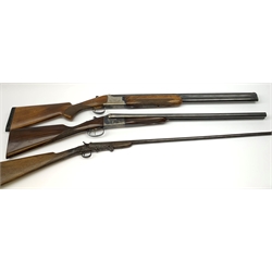 Miroku 12-bore box lock ejector over-and-under double barrel shotgun with walnut stock and 66cm barrels, No.2277306, L112cm overall; Sabel 12-bore box lock non-ejector side-by-side double barrel shotgun with 66cm barrels, No.62546, L108cm overall; Lambert Dumoulin folding .410 single barrel shotgun; and leather 12-bore cartridge belt (4) RFD ONLY