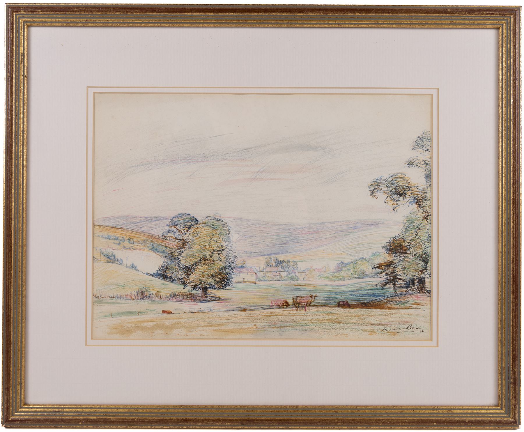 Russell Sidney Reeve (British 1895-1970): Cows in a Field, watercolour, ink and crayon signed and dated '32, 26cm x 36cm 
