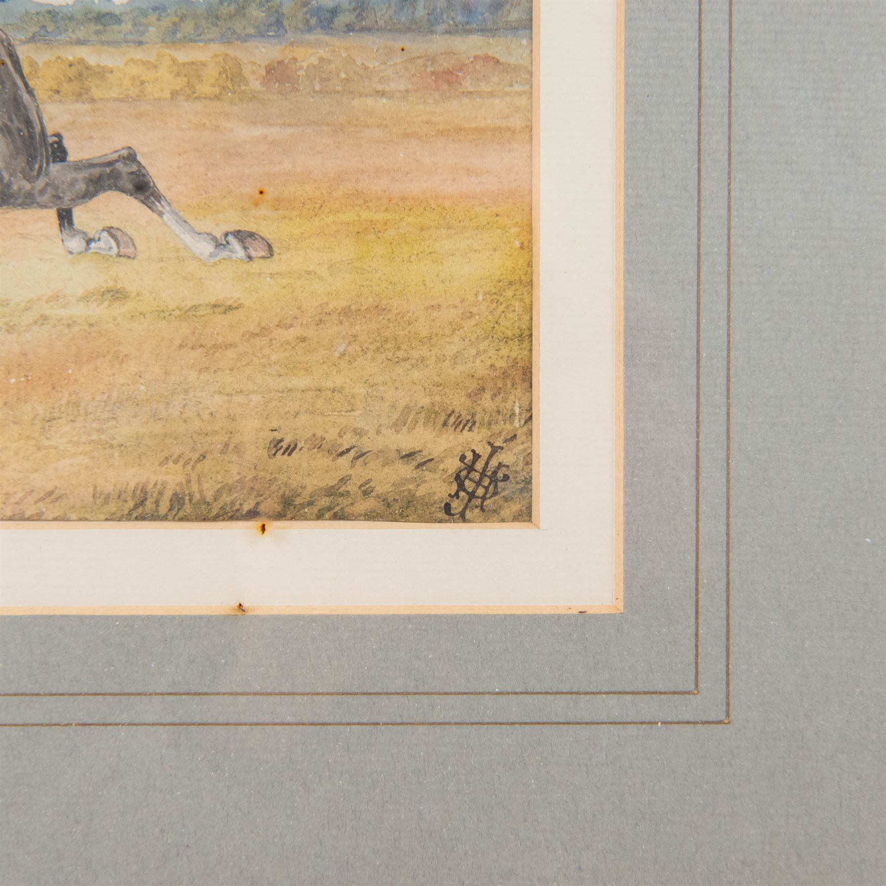 English School (Late 19th Century): Gentlemen and their Horses, set of three watercolours signed with monogram JHD?, 15cm x 24cm (3)