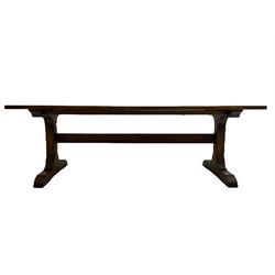 Dorset Oak - large refectory dining table, rectangular plank top, raised on shaped end supports with sledge feet, united by stretcher
