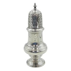 1970's silver sugar caster, of bellied form with removable pierced cover with knop finial, upon a circular spreading foot, hallmarked C J Vander Ltd, London 1973, H15cm, approximate weight 5.30 ozt (165 grams)
