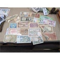 Great British and World coins, banknotes, and stamps, including George II 1758 silver shilling, presentation packs, German notes, etc