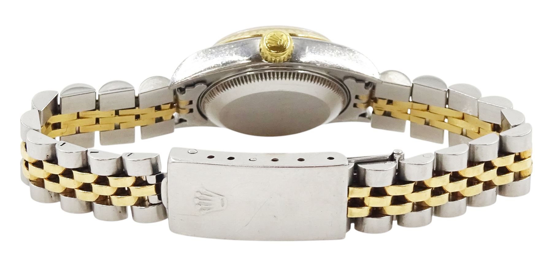 Rolex Oyster Perpetual DateJust ladies stainless steel and gold automatic wristwatch, circa 2000, Ref. 79173, serial No. P551650, silvered dial with baton hour markers,  on Rolex Jubilee stainless steel and gold bracelet, with fold-over clasp, boxed with papers