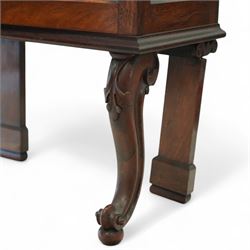 Early 20th-century mahogany wall display cabinet, of tall and narrow rectangular form, moulded cornice above hinged glazed door with four internal shelves, the legs with acanthus carved knee on scroll carved cabriole front legs and stile back legs 
