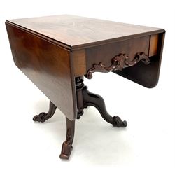 Early Victorian figured mahogany drop leaf support table, foliate moulding to drawer and faux drawer on turned pedestal, swept legs untied by finial with foliate knop feet in brass and cup castors