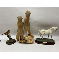 Royal Doulton Desert Orchid white horse on wood base, two Border Fine Arts figure groups comprising The James Herriot Studio Collection Puppy Love A1861 and Tyred Out RR01, together with seven Country Artists figures to include 'Vigilance' meerkats figure group, no. 02994, Song Thrush CA 573, Otter Family etc