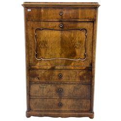 19th century walnut cabinet, fitted with frieze drawer, enclosed by single door with shaped panel over faux drawers, the interior fitted with shelves