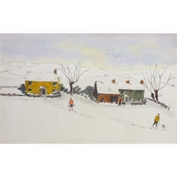  Cottages in winter Landscape, 20th century watercolour by P Brooke (unsigned) 23cm x 36cm  