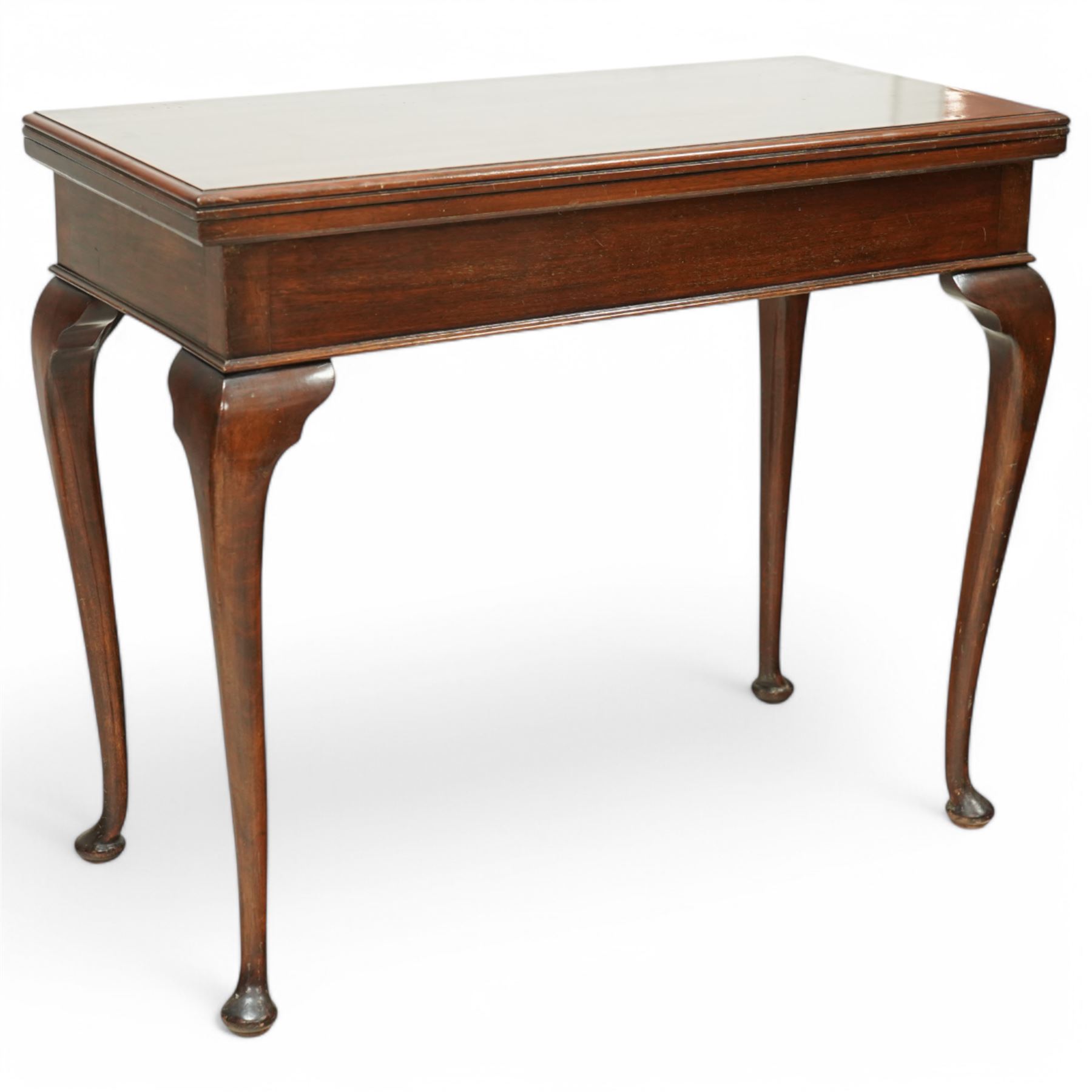   Early 20th century mahogany card table, hinged baize lined sliding top top, cabriole legs on pad feet