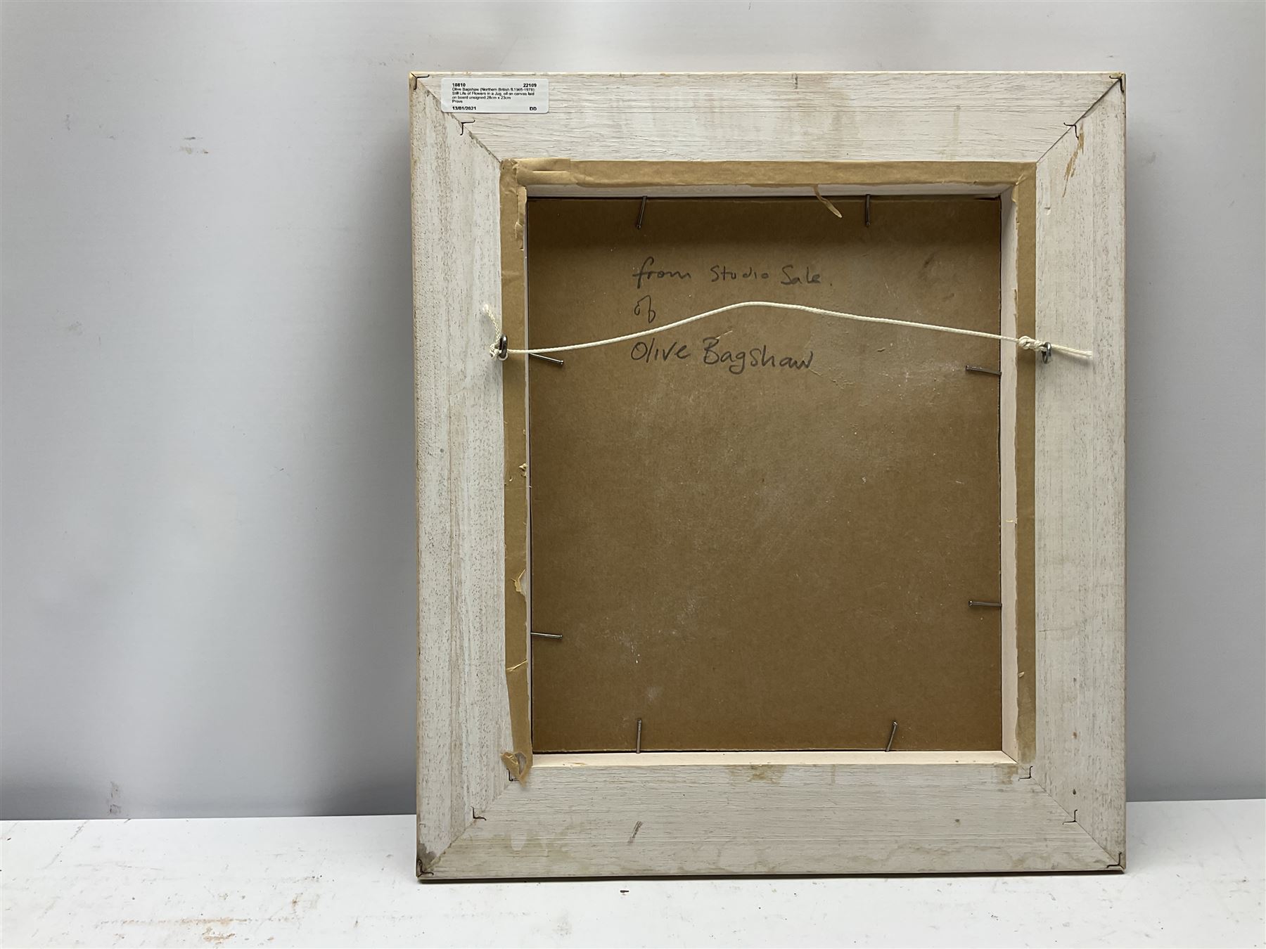 Olive Bagshaw (Northern British 1931-2017): Still Life of Flowers in a Jug, oil on canvas laid on board unsigned 28cm x 23cm
Provenance: from the Artist's Studio Sale. Miss Bagshaw who was born in Salford, received her formal art training at Salford and Manchester Art School. Her work has been regularly accepted at the Royal Society of Portrait Painters, the Royal Academy and Federation of British Artists 