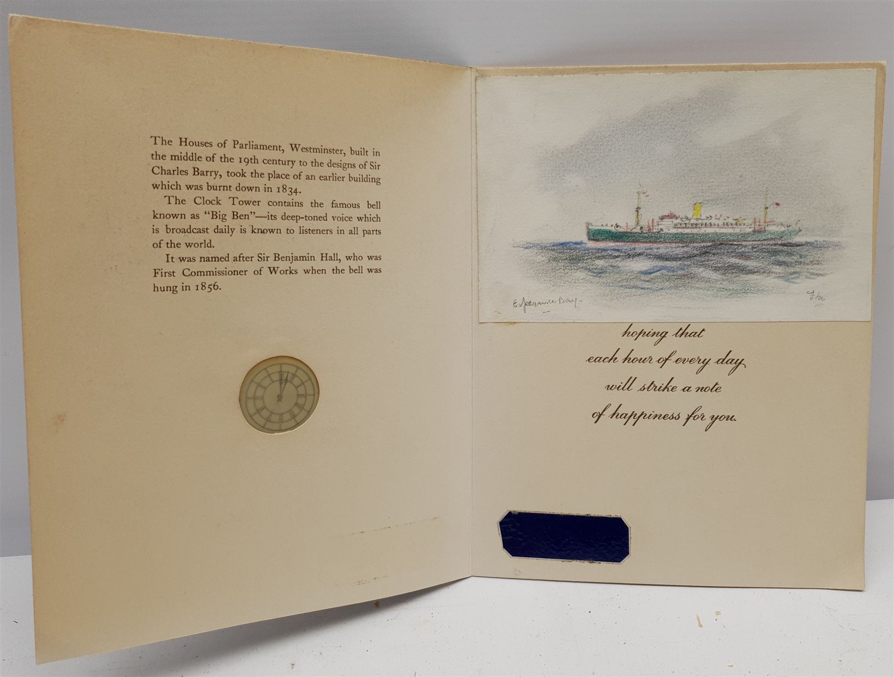 Frank Henry Mason (Staithes Group 1875-1965): 'Esperance Bay' - Steam Liner, crayon sketch signed with initials and titled 9cm x 14.5cm, attached inside a Tuck card depicting Big Ben
Provenance: from the estate of Christine Dexter and by descent from the artist's sister Eleanor Marie (Nellie)