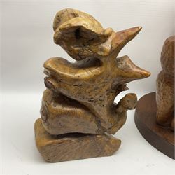 Helen Skelton (British 1933 – 2023): Three carved wooden abstract sculpture, all with an adzed finish, largest H38cm. Born into an RAF family in 1933 in Kent and travelled the world extensively during her childhood. After settling in Bridlington, Helen immersed herself in painting, textiles, and wood sculpture, often inspired by nature's beauty. Her talent was showcased in a one-woman show at Sewerby Hall and recognised with the sculpture prize at Ferens Art Gallery in 2000. Sadly, Helen’s daughter passed away from cancer in 2005. This loss inspired Helen to donate her sculptures to Marie Curie upon her passing in 2023.